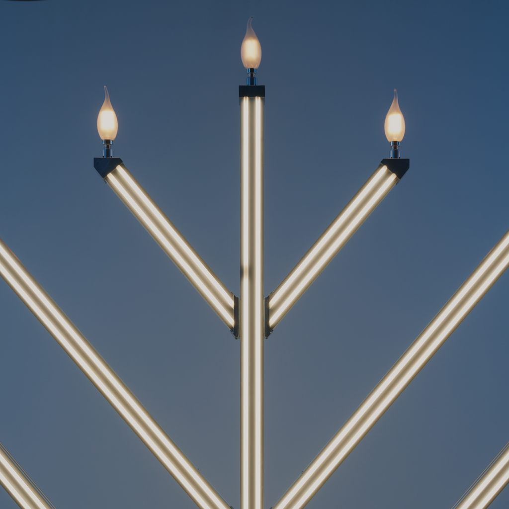 Menorah with three lit candles against a clear blue sky